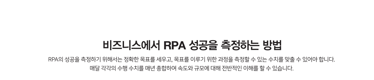 비즈니스에서 RPA 성공을 측정하는 방법 : RPA의 성공을 측정하기 위해서는 정확한 목표를 세우고, 목표를 이루기 위한 과정을 측정할 수 있는 수치를 맞출 수 있어야 합니다. 매달 각각의 수행 수치를 매년 총합하여 속도와 규모에 대해 전반적인 이해를 할 수 있습니다.